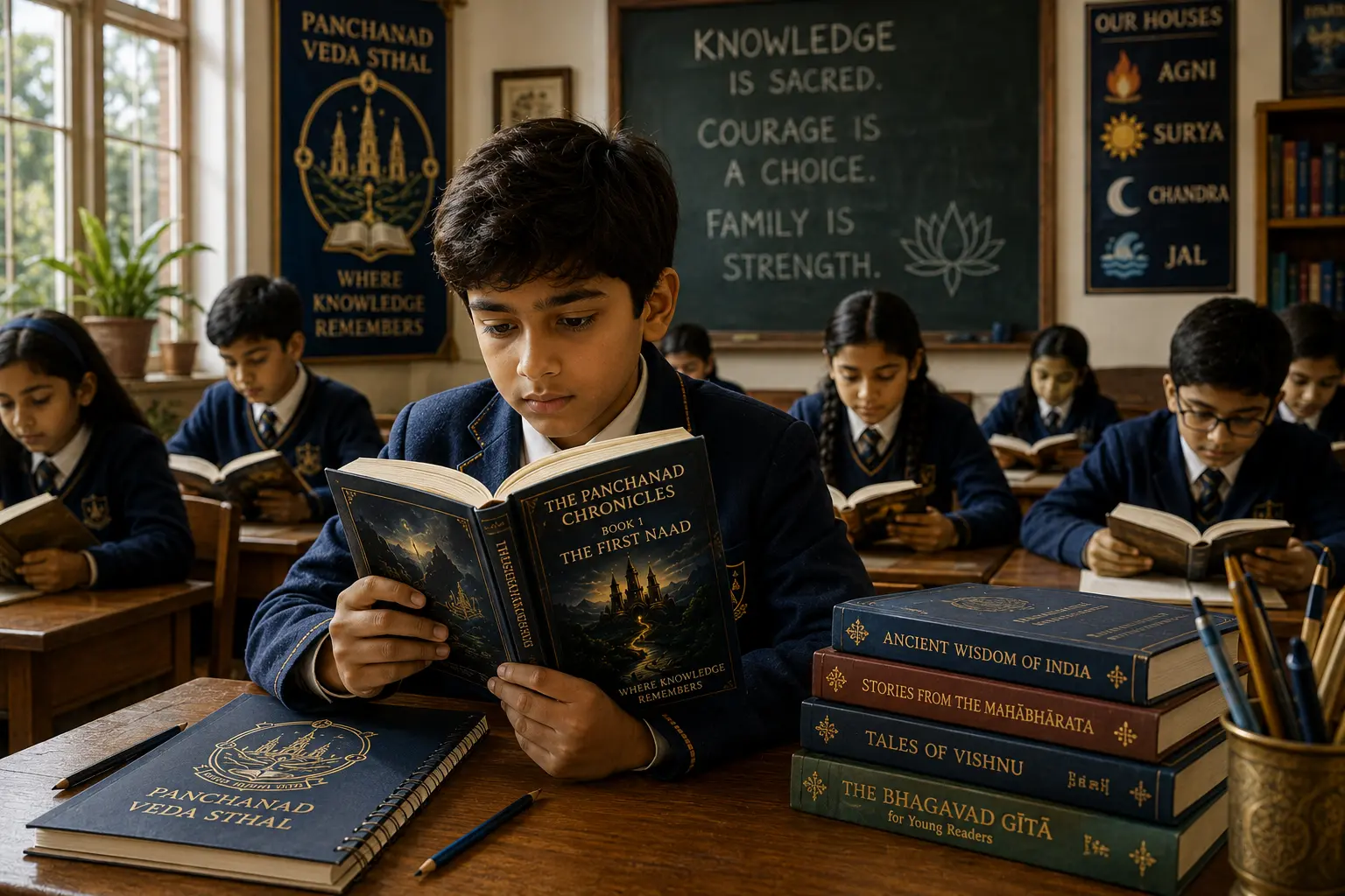Students reading The Panchanad Chronicle in a classroom