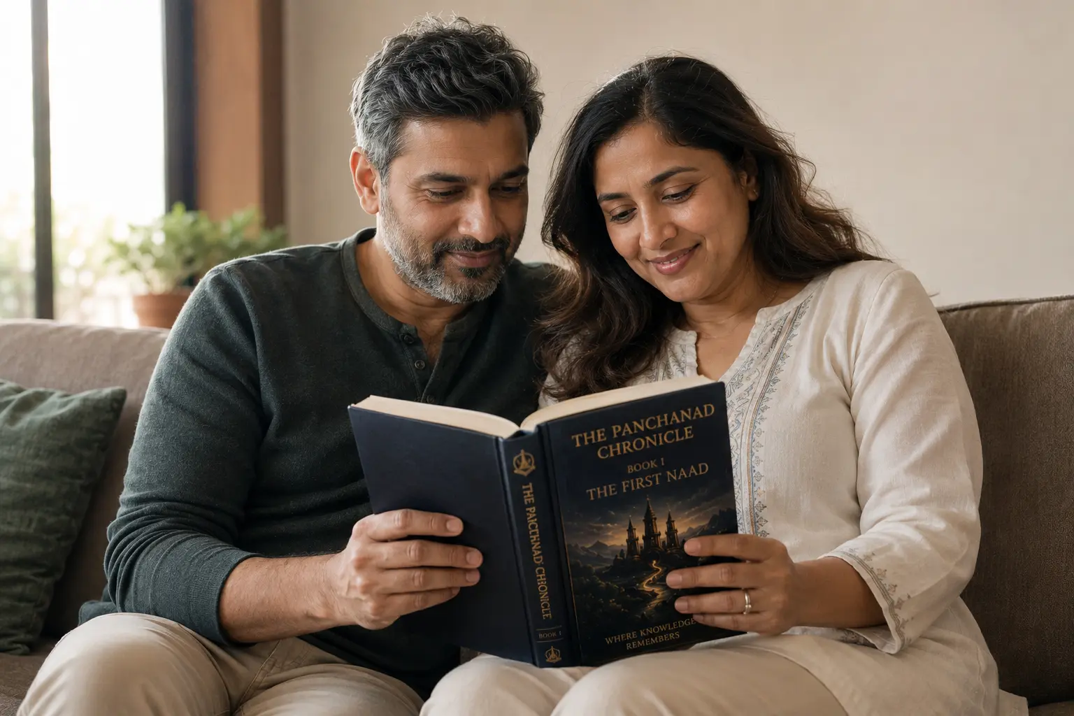 Parent reading The Panchanad Chronicle with a child
