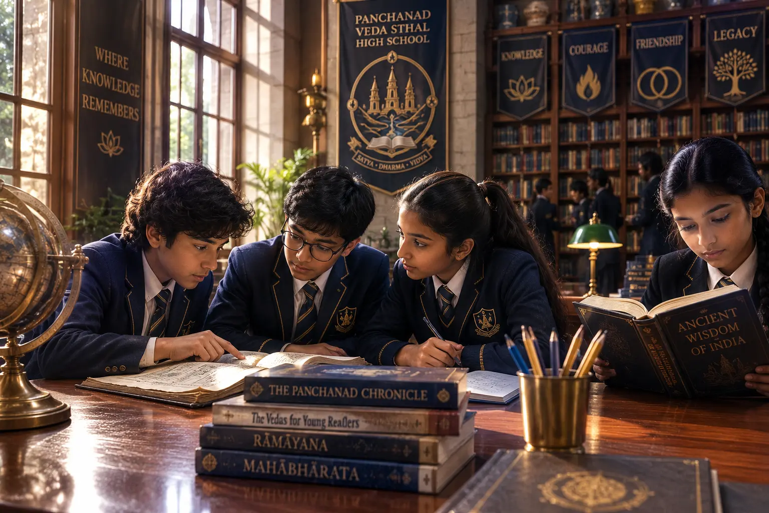 Children exploring fantasy books in a school library